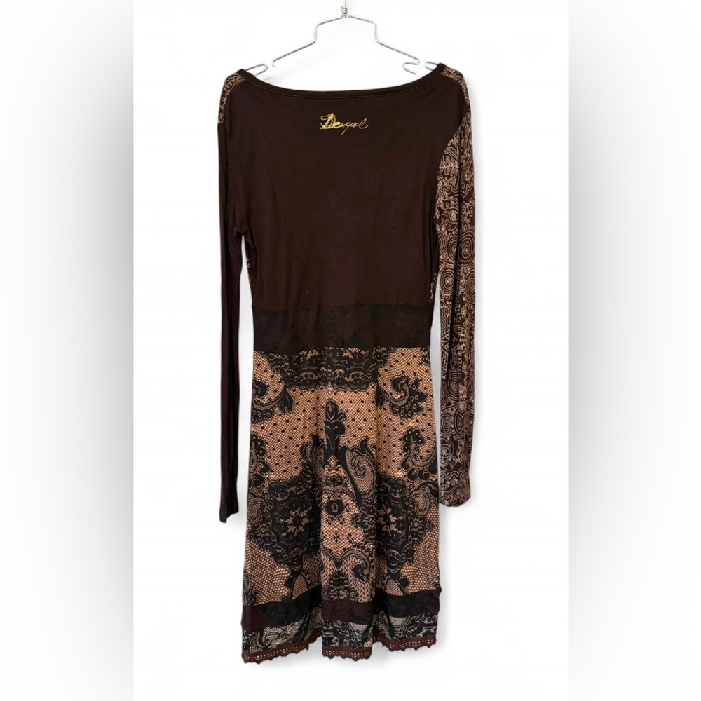 Desigual Guero Brown Long Sleeve Dress w/ Patterns Y2K Style - Picture 5 of 9
